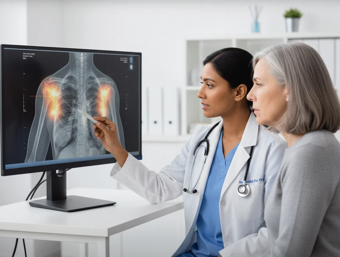 Medical doctor examining patient's shoulder X-ray to diagnose frozen shoulder